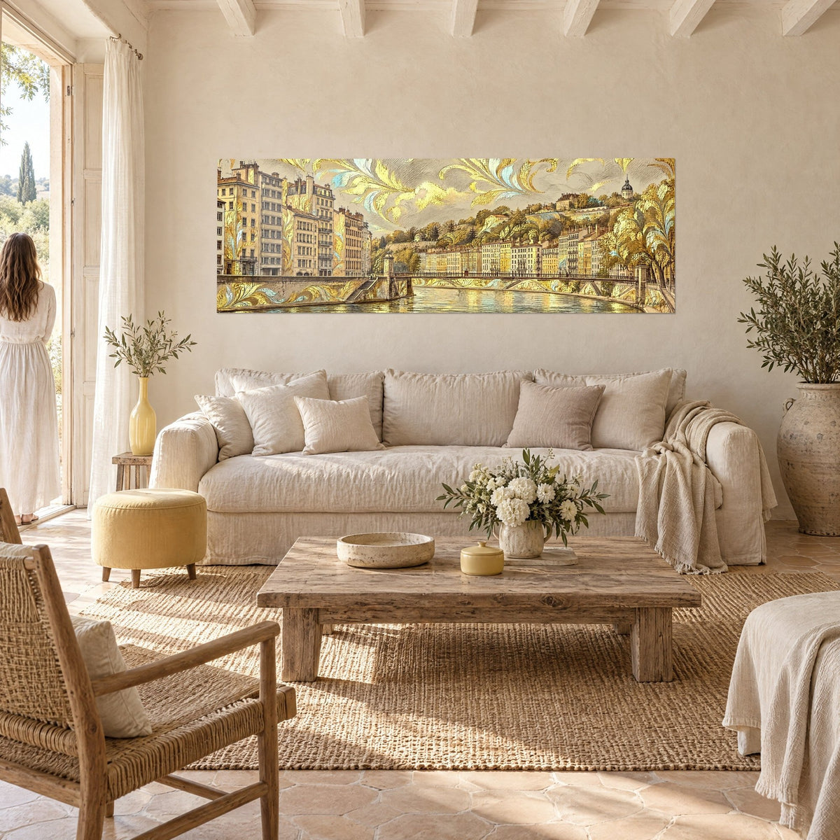Wall art golden Saône riverbanks in Lyon, ivory facades and pale blue foliage scrolls, above a sofa in a bright living room