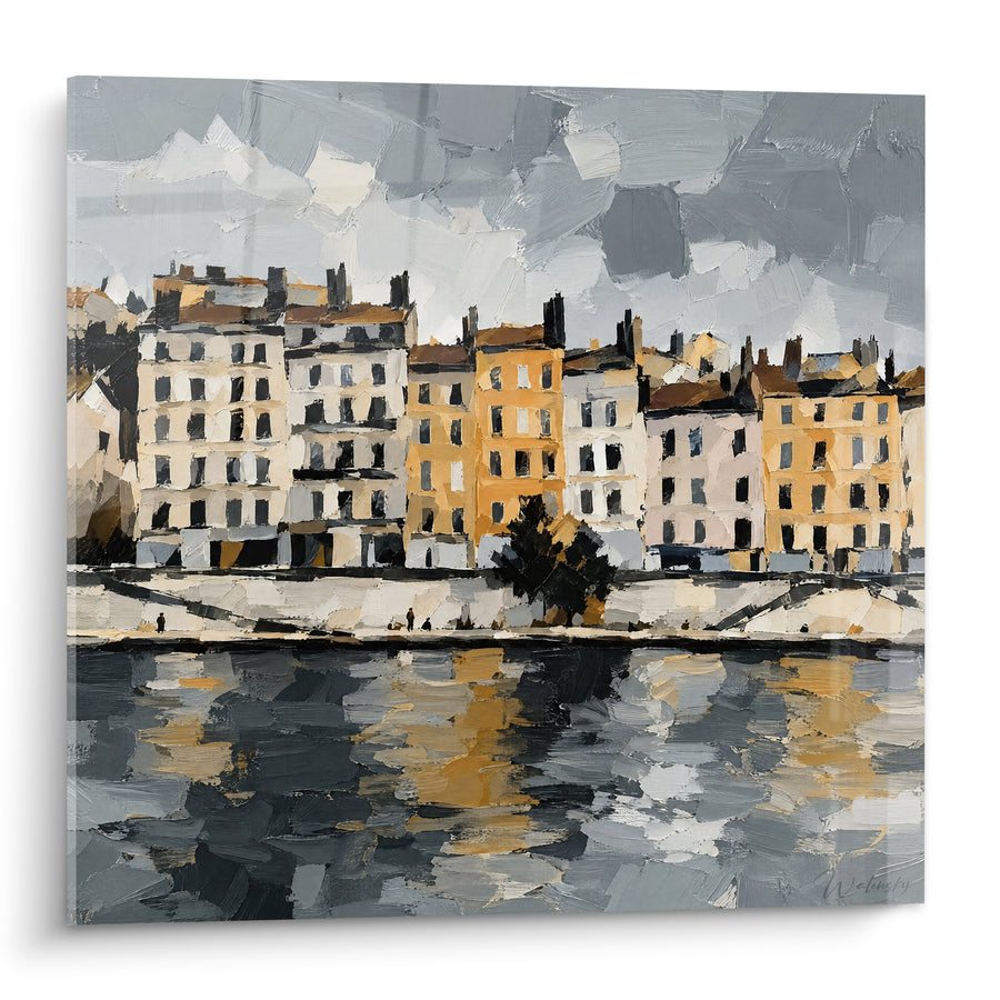Painting Riverside Quays in Lyon Ochre and Grey - Evening Reflections - Edition Lyon Auvergne-Rhône-Alpes France