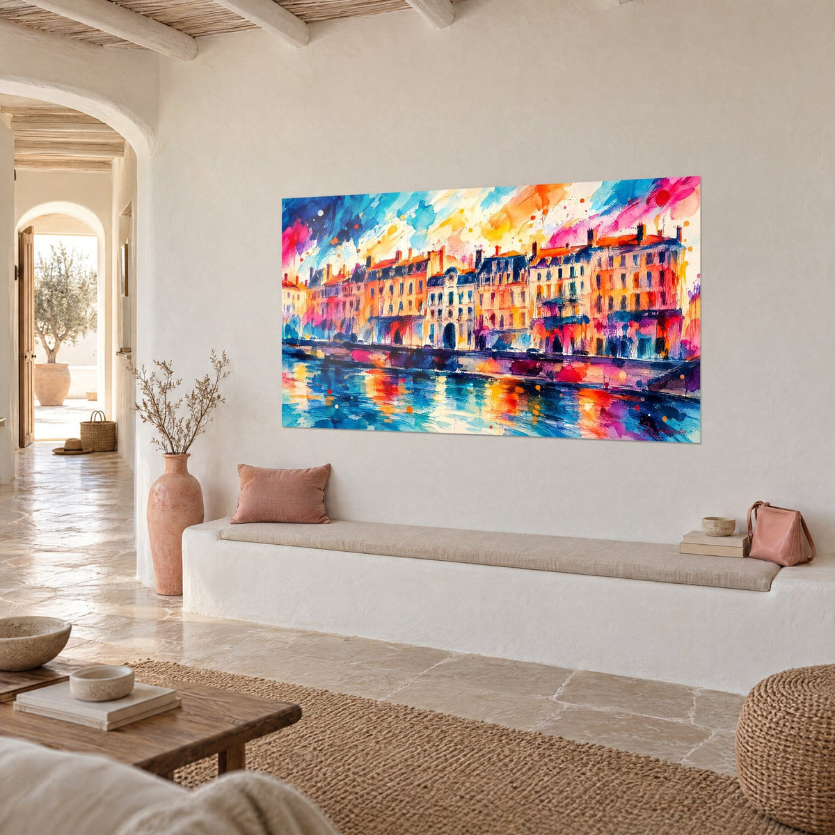 Wall art riverside lined with ochre buildings and orange rooftops, splashed turquoise sky, on a whitewashed vaulted wall