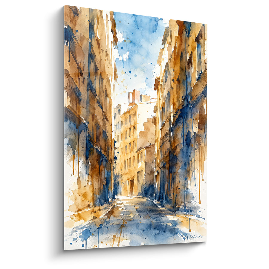 Tableau Ruelle ocre et bleue en aquarelle - Flânerie matinale - Edition Lyon  Auvergne-Rhône-Alpes  France