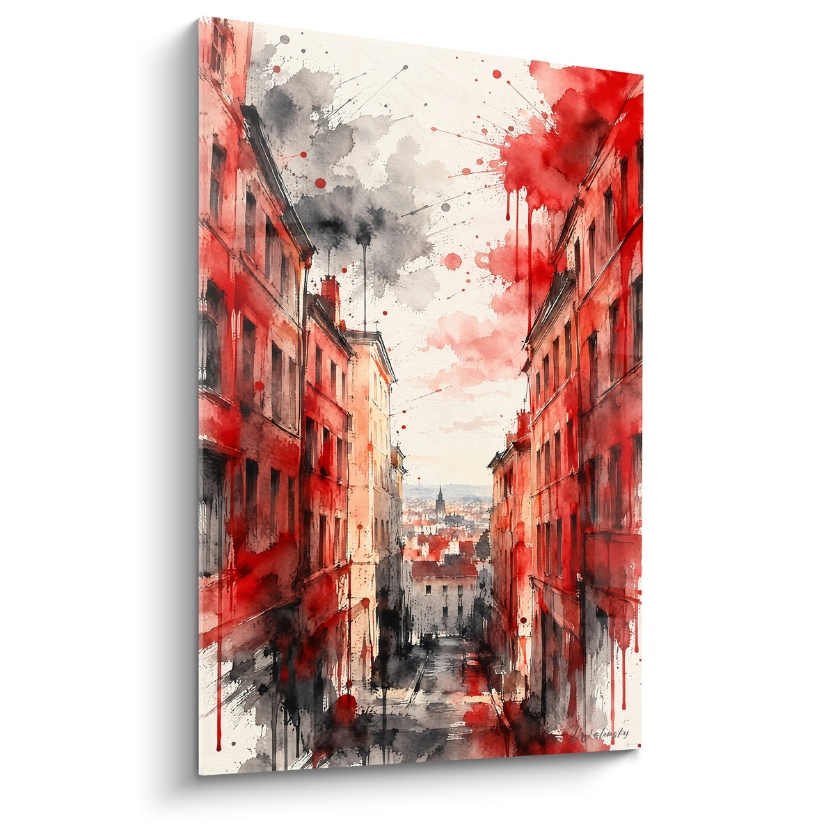 Ruelle pavée aux façades rouge et terracotta, éclaboussures anthracite envahissant le ciel