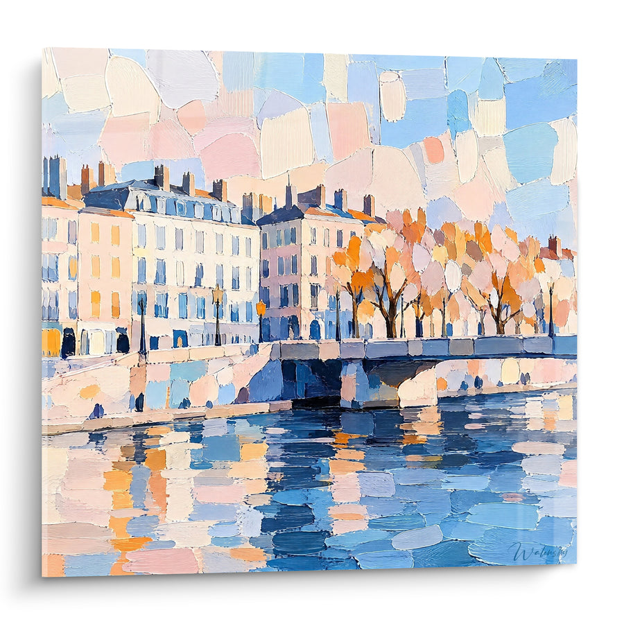 Painting Blue and Orange Banks of the Saone - Light on the Saone - Edition Lyon Auvergne-Rhone-Alpes France