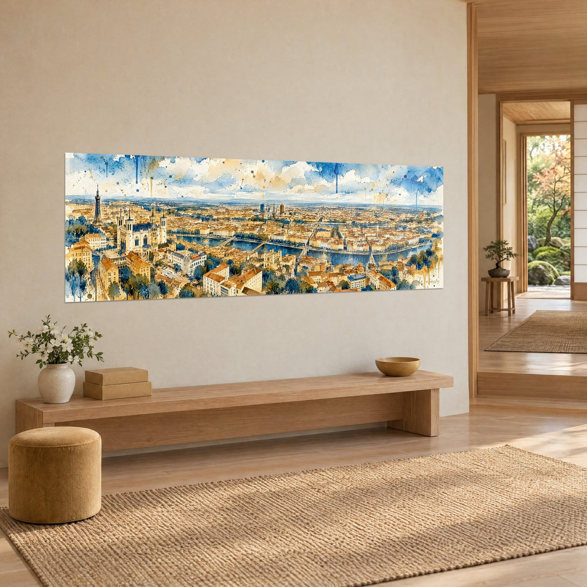 Gemälde Luftansicht einer Stadt, die von zwei Flüssen durchzogen wird, orangefarbene Dächer und tiefes Blau, an einer beigen Wand neben einer Holzbank
