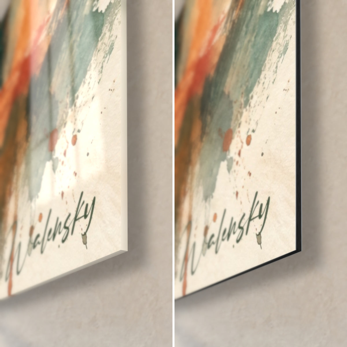 Quadro borgo ad acquerello dai tetti ruggine, angolo in basso a destra: vetro lucido a sinistra, Dibond opaco e bordo a destra