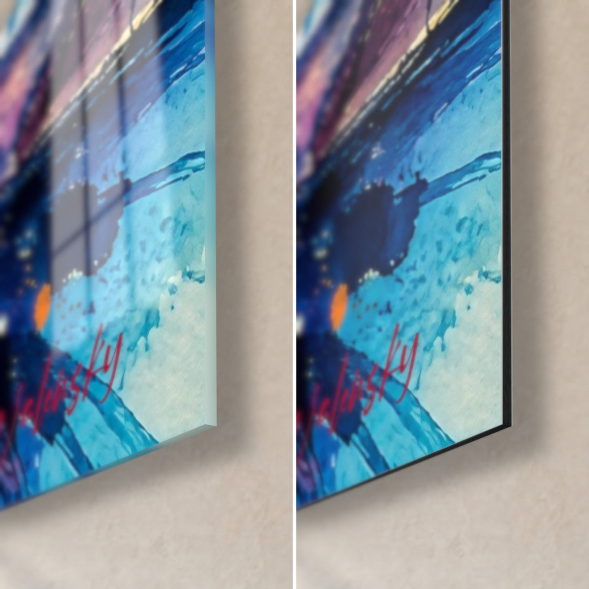 Wall art watercolour riverbank, turquoise and pink lower right corner, glossy glass on the left, matte Dibond on the right