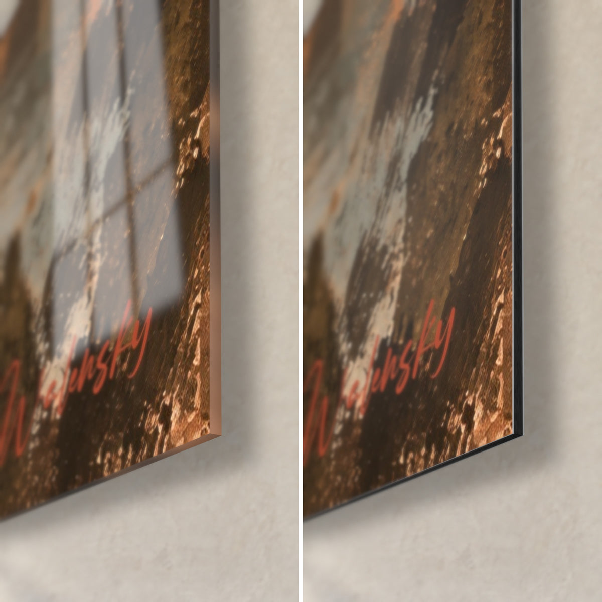 Wall art riverside city in terracotta and ochre, bottom right corner, glossy acrylic glass on the left, matt Dibond on the right, 3 mm edge