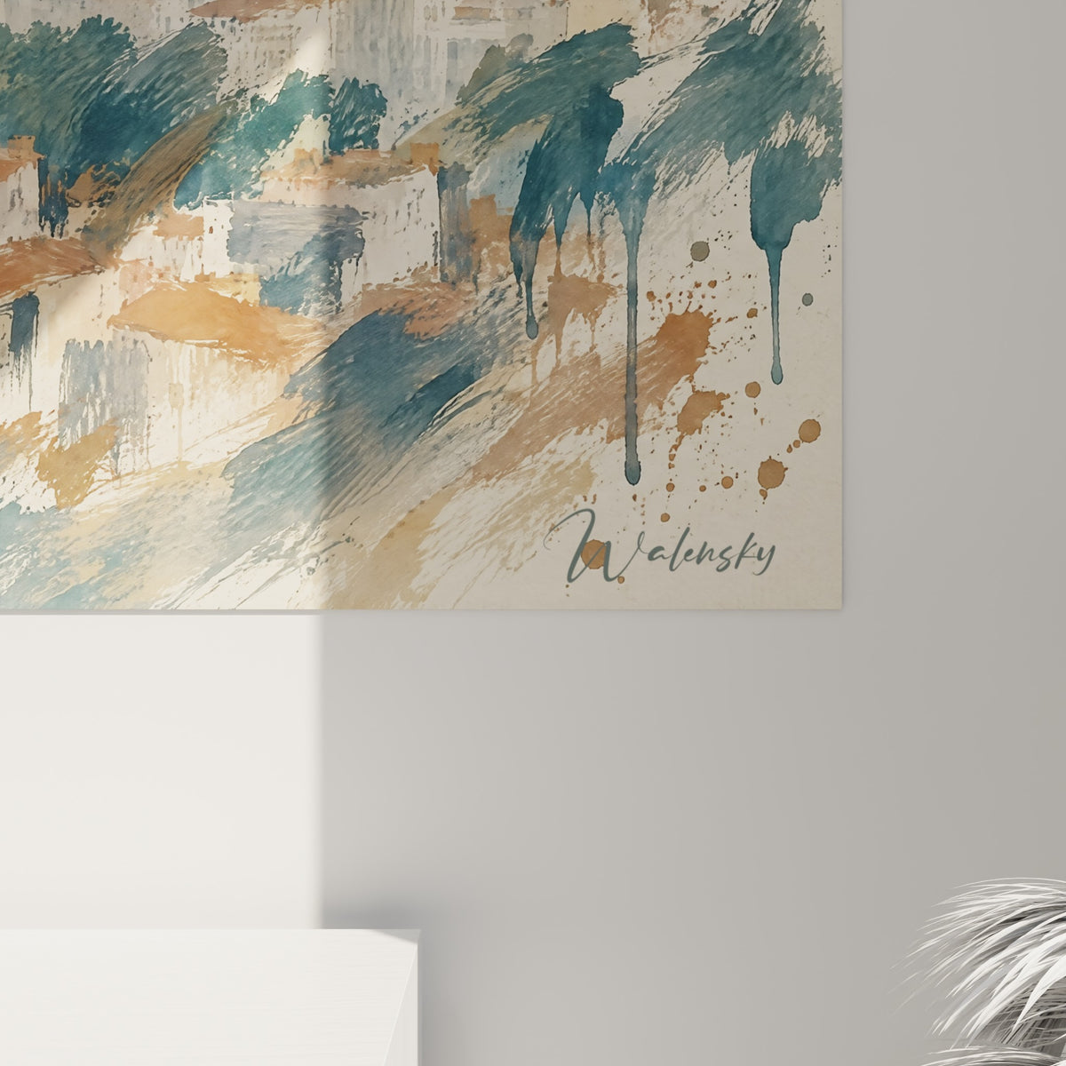 Coulures et empâtements d'aquarelle visibles sur les toits ocre et le feuillage vert profond de l'œuvre