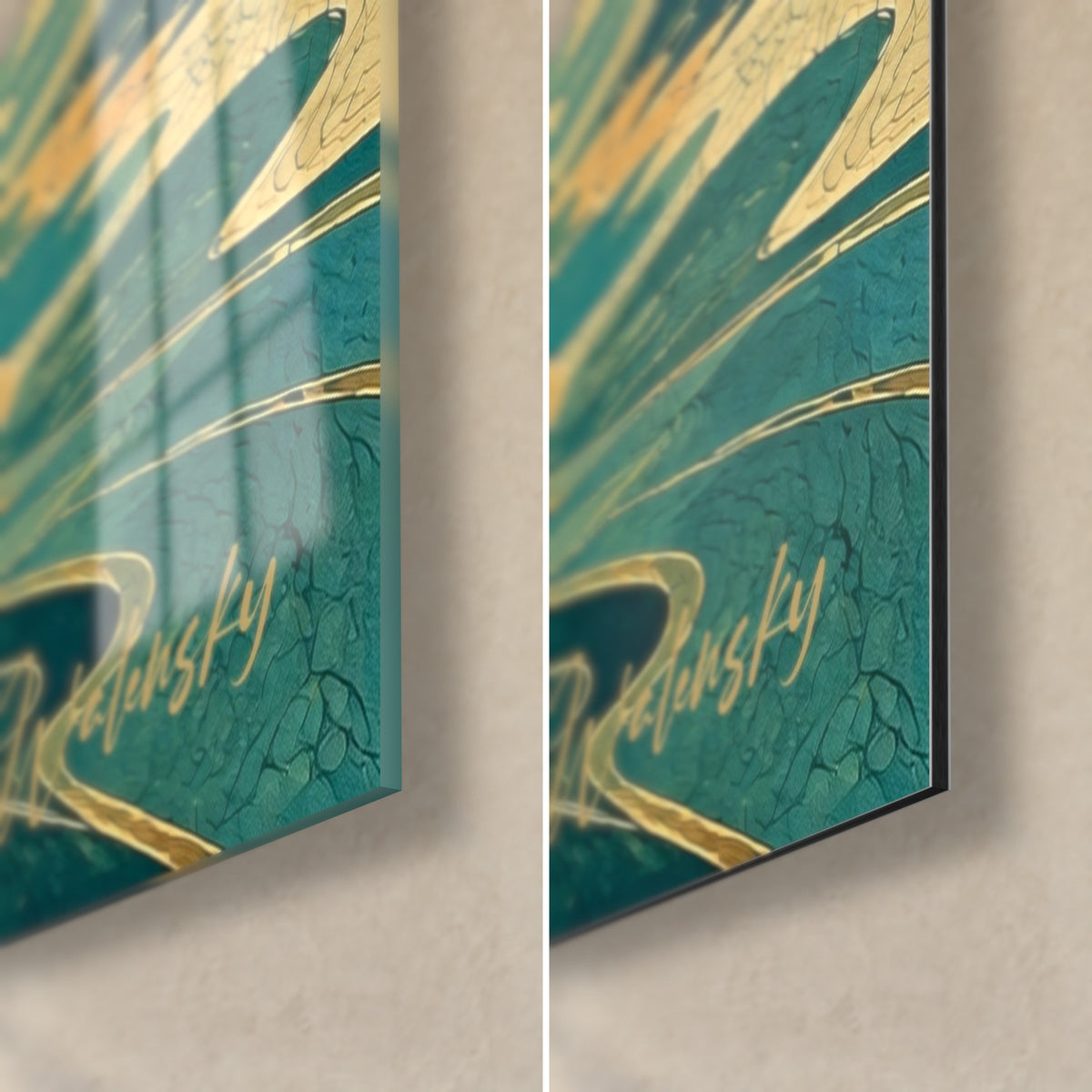 Gemälde mit Flussspiegelungen in Türkisblau und Gold, untere rechte Ecke: glänzendes Acrylglas links, mattes Dibond-Aluminium rechts
