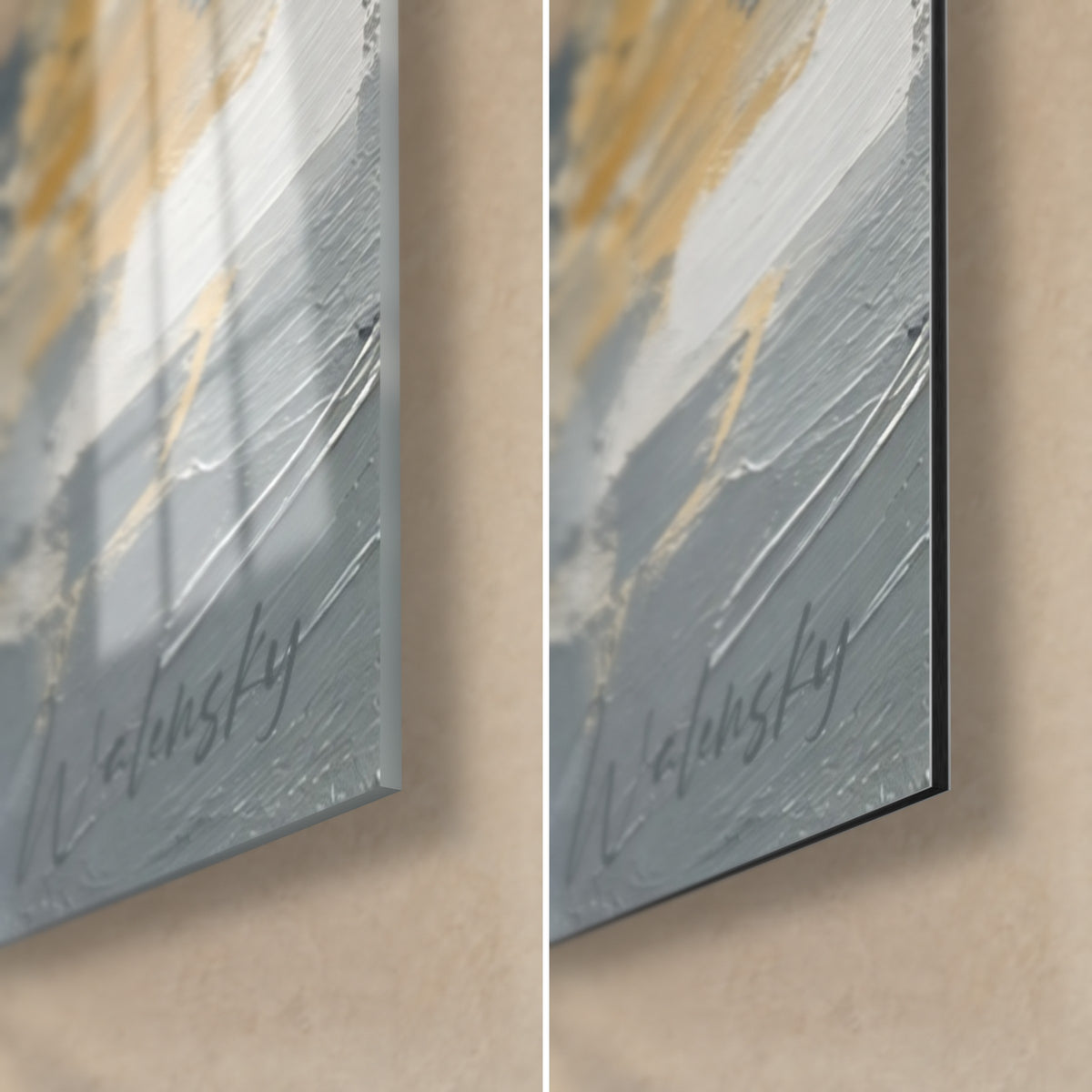 Quadro lungofiume di Lione, angolo in basso a destra, impasti grigi e ocra, firma Walensky, vetro lucido e Dibond nero opaco da 3 mm