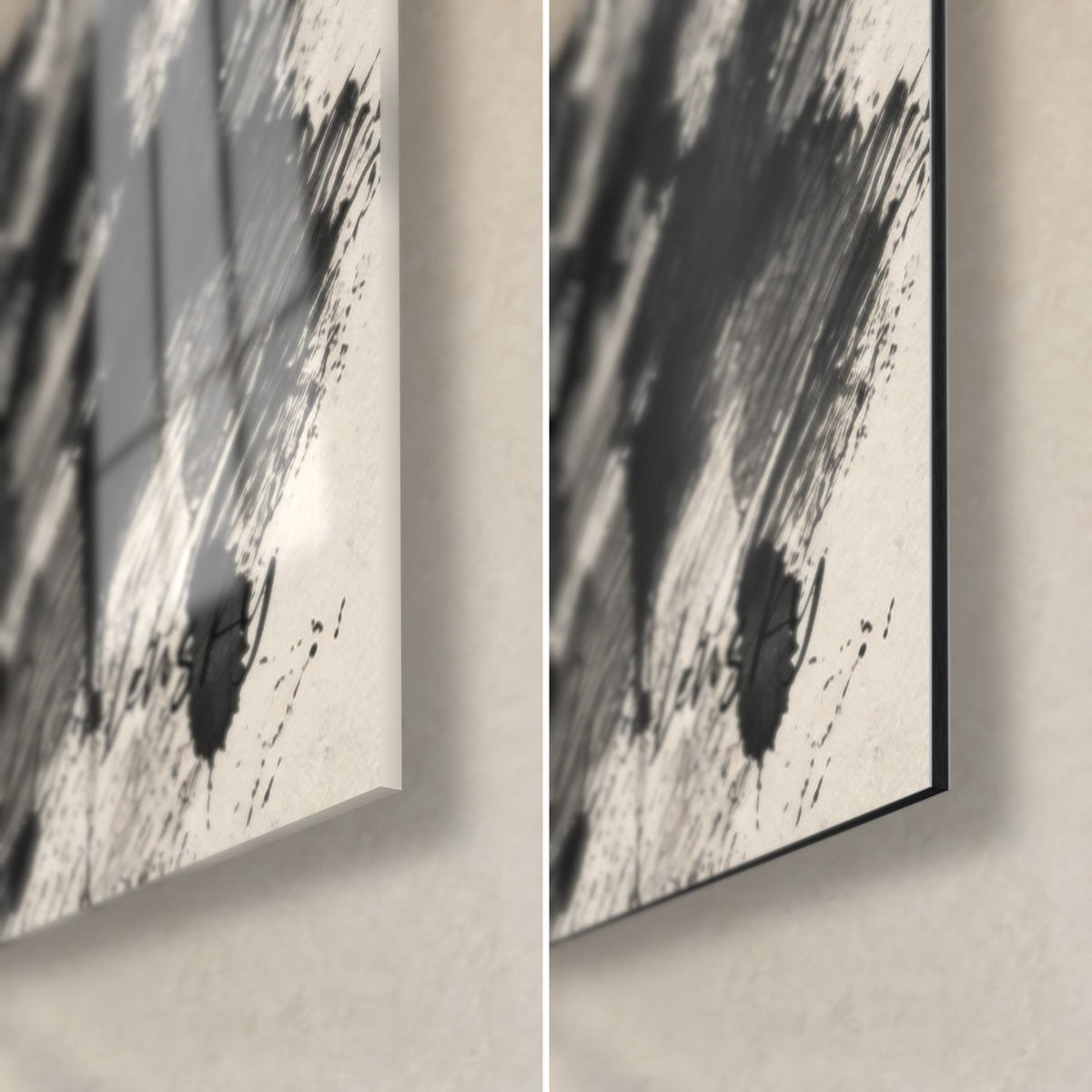Wall art of Fourvière in black ink and ivory, bottom right corner: glossy acrylic glass on the left, matte Dibond aluminium on the right, 3 mm edge