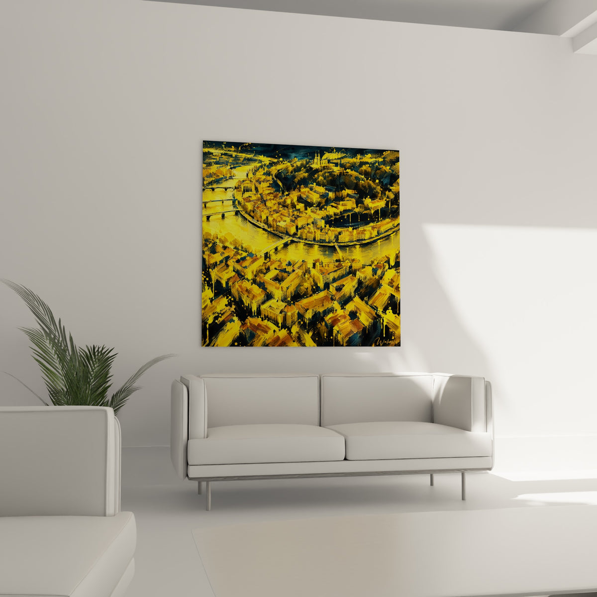Fleuve et toitures de Lyon en camaïeu jaune et bleu marine au-dessus d'un canapé dans un salon lumineux