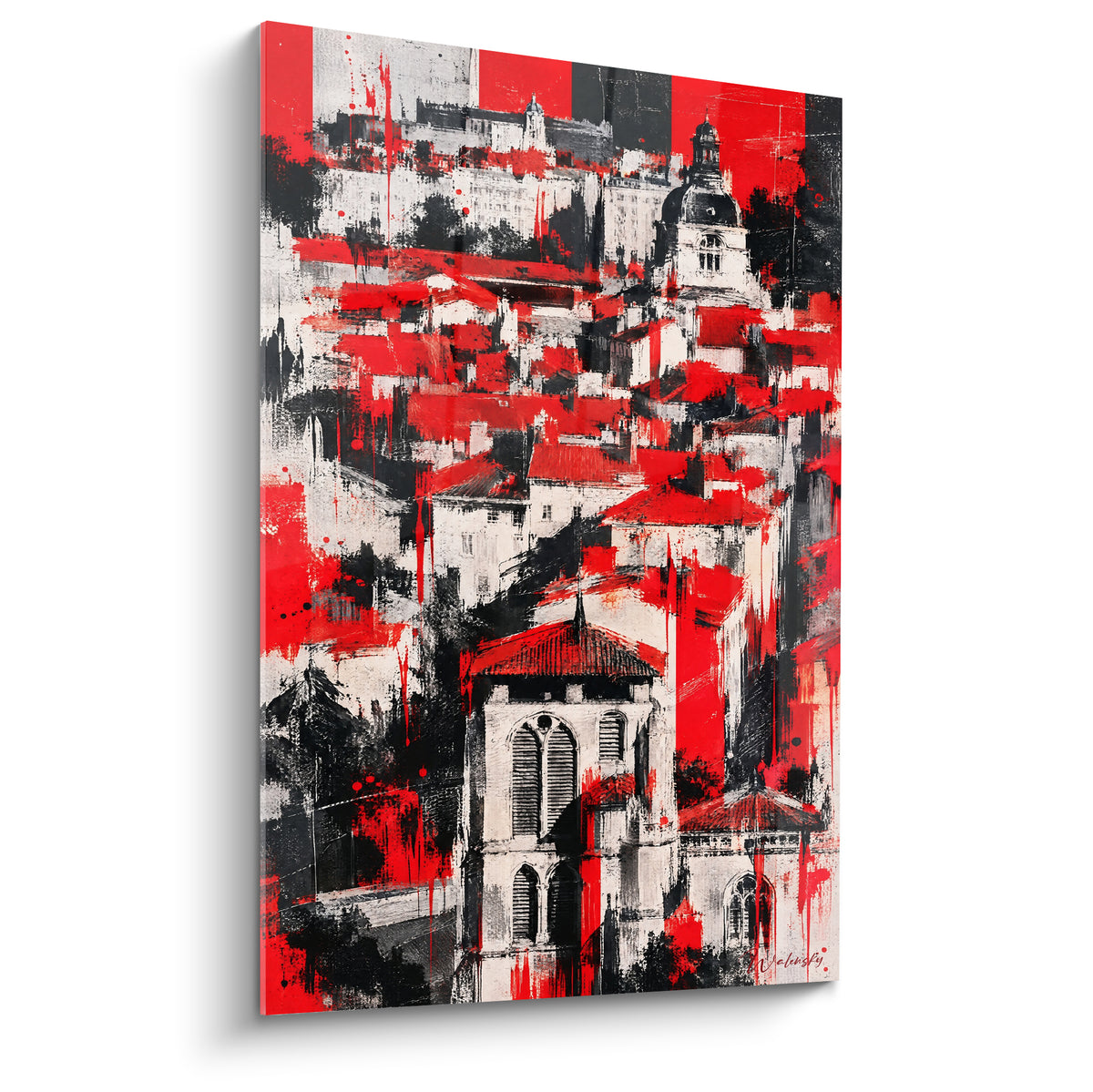 Wall art rooftops of Old Lyon in vermilion red and anthracite black, turrets and bell towers intertwined