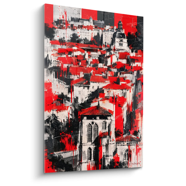 Painting Gothic Belfry Red and Black on Splattered Hill - Arcade Tower with White Arches - Edition Lyon Auvergne-Rhône-Alpes France