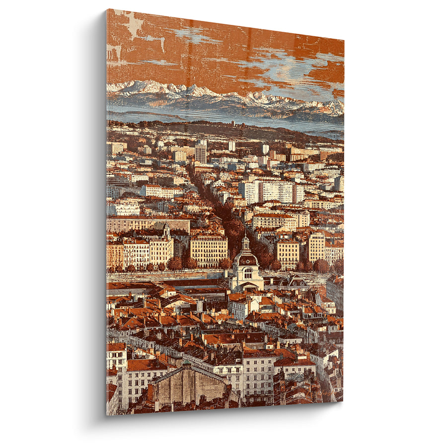 Tableau Panorama urbain aux toits terracotta et sommets enneigés - Horizon entre fleuve et cimes - Edition Lyon  Auvergne-Rhône-Alpes  France