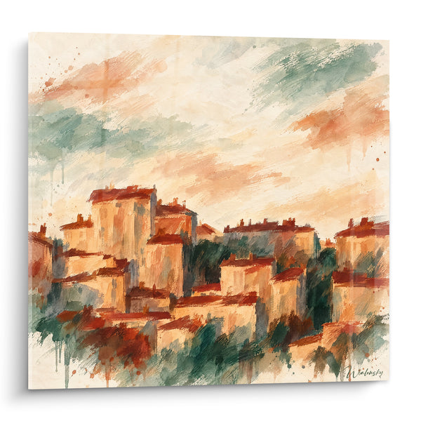Tableau Village perché ocre et vert sauge - Lumière d'été - Edition Lyon  Auvergne-Rhône-Alpes  France
