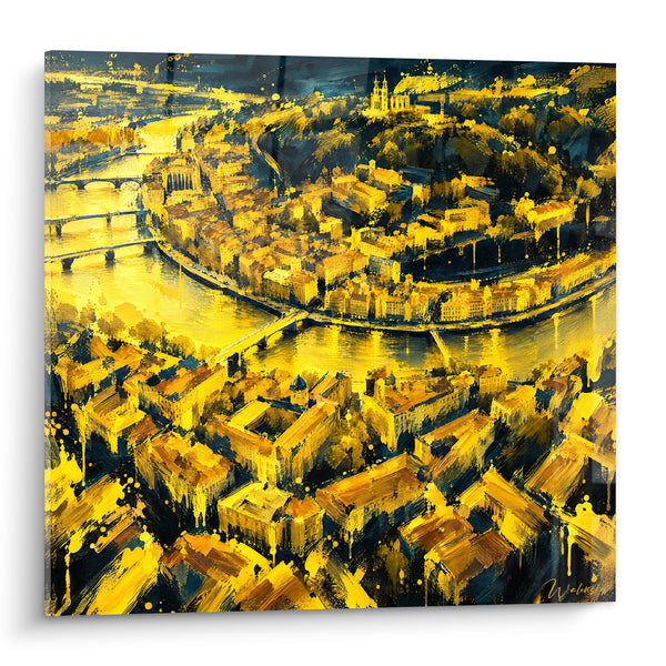 Tableau Vue aérienne dorée et bleu nuit de Lyon - Cité illuminée - Edition Lyon  Auvergne-Rhône-Alpes  France