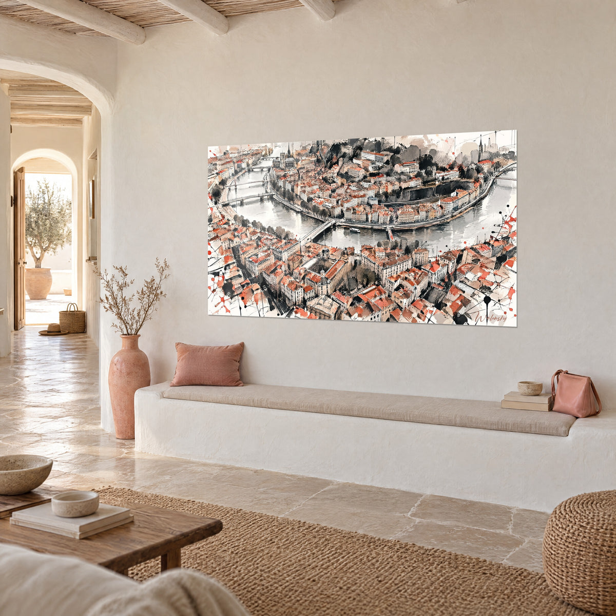 Wall art Lyon peninsula in watercolour, bridges over the Saône, red splashes, above a white bench seat