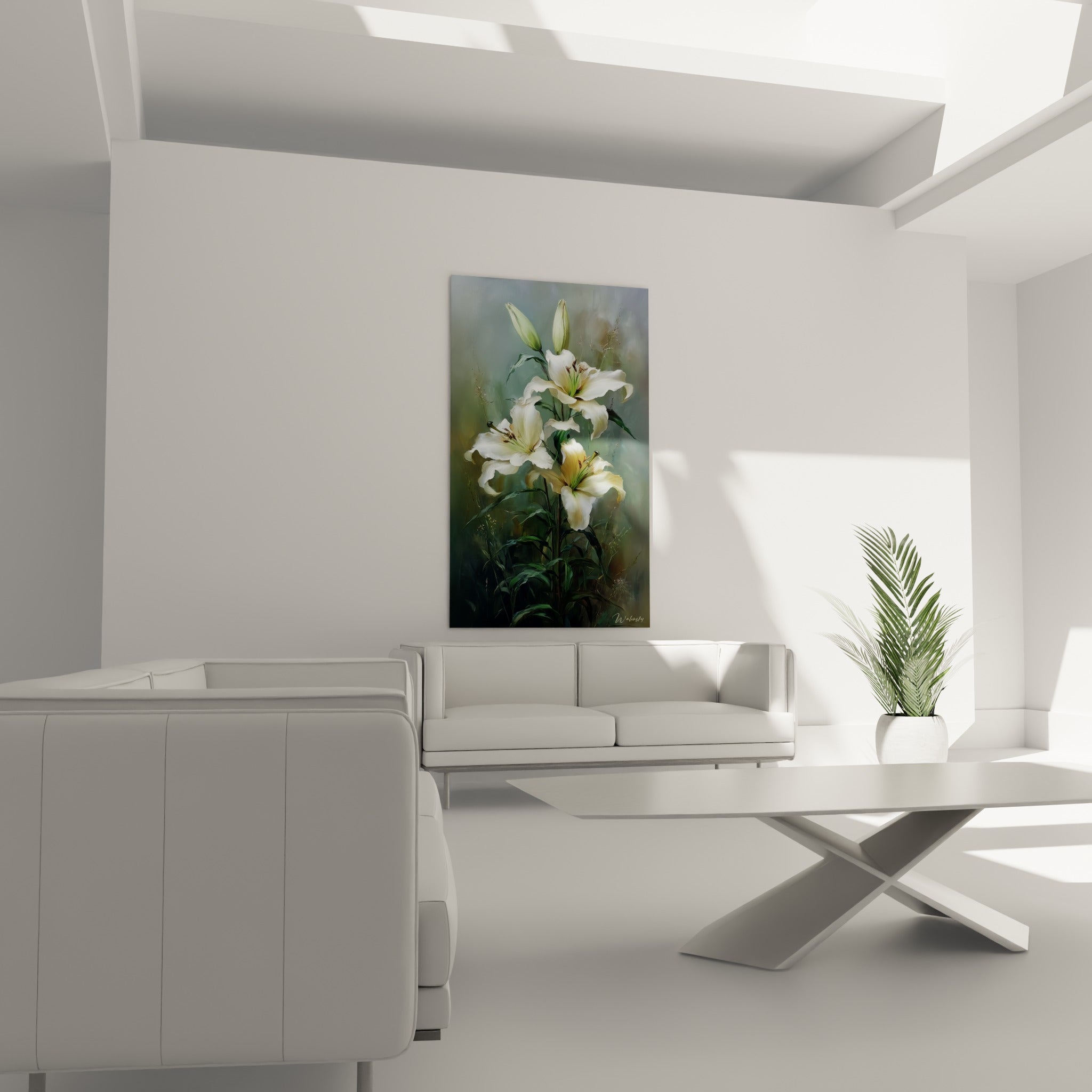 Fleurs de lys blanches et vertes aux nuances ocre, suspendues au-dessus d'un canapé dans un salon lumineux