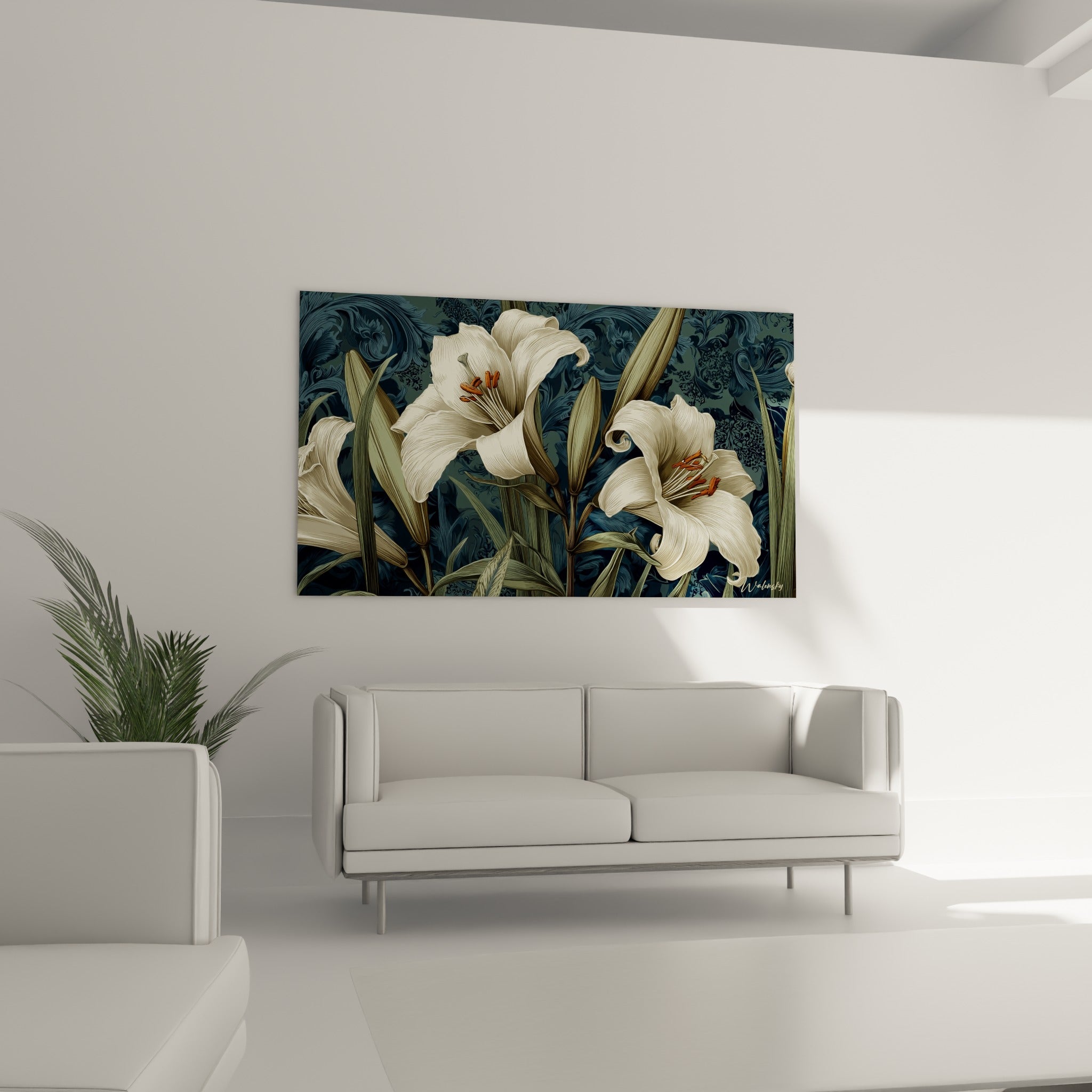 Corolles blanches et tiges vert olive du tableau lys au-dessus d'un canapé dans un salon lumineux
