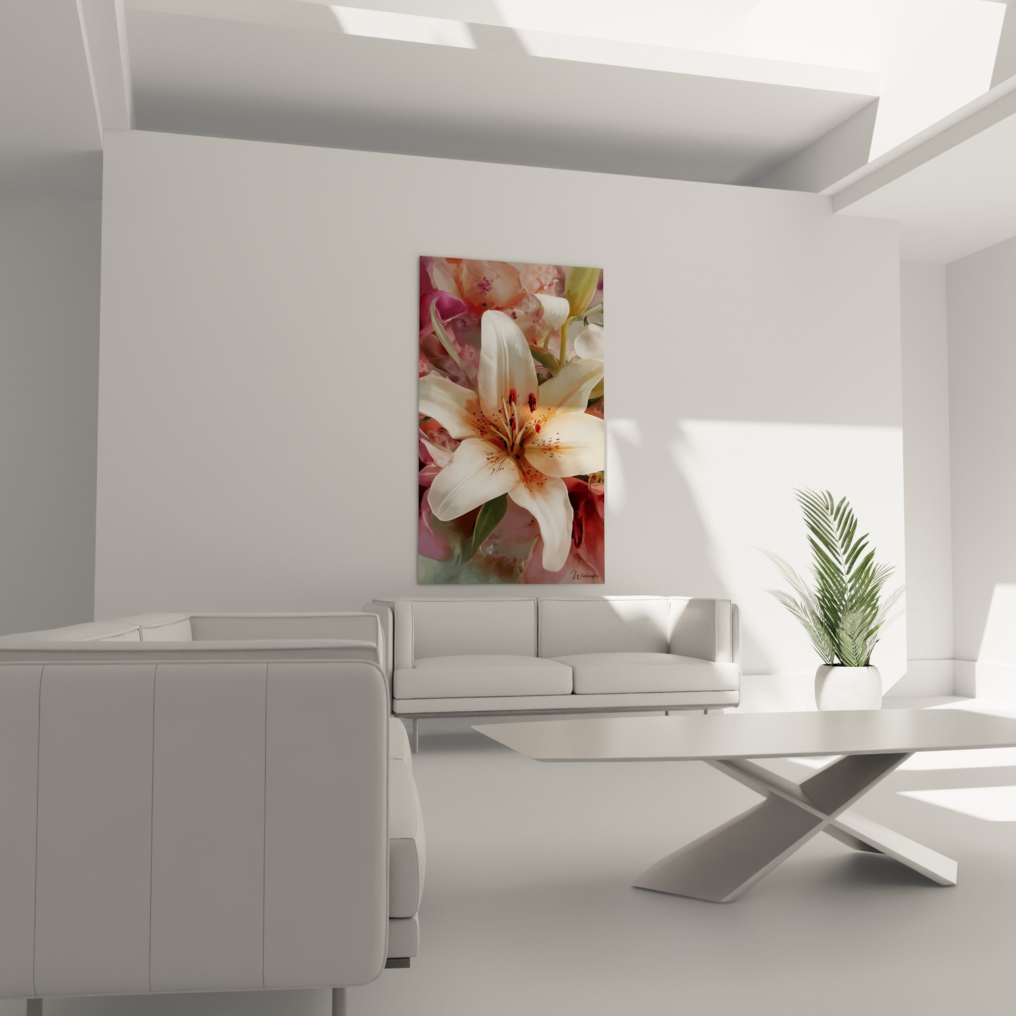 Fleur de lys crème et corail à la texture aquarelle, au-dessus d'un canapé dans un salon lumineux