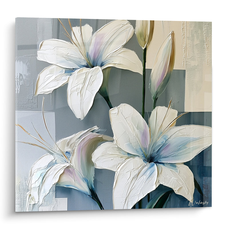 Tableau Lys blanc et gris aux nuances mauves - Fond géométrique beige - Edition Lys