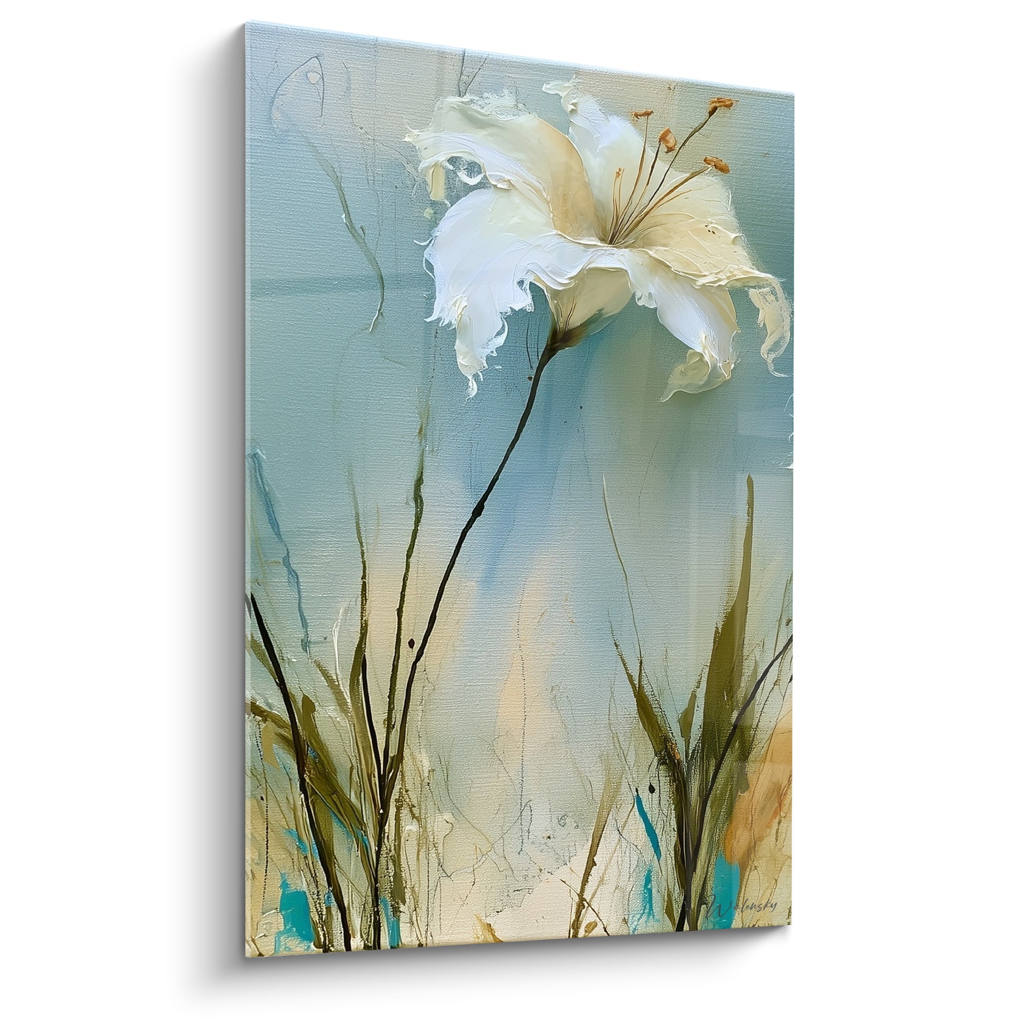Lys blanc aux pétales texturés sur fond bleu pastel, tige noire et touches ocre discrètes