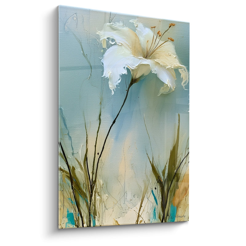 Tableau Lys blanc et bleu à longue tige unique - Herbes fines dorées - Edition Lys