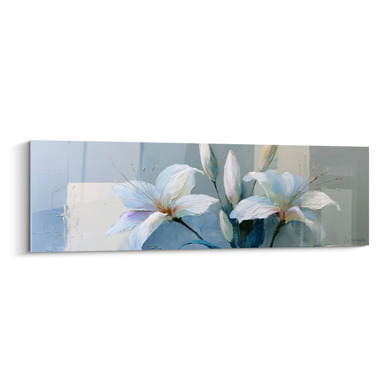 Tableau Lys blanc et bleu pâle aux boutons effilés - Panorama floral texturé - Edition Lys