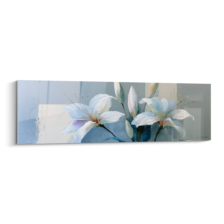 White and Pale Blue Lily Painting with Tapered Buds - Textured Floral Panorama - Lys Edition