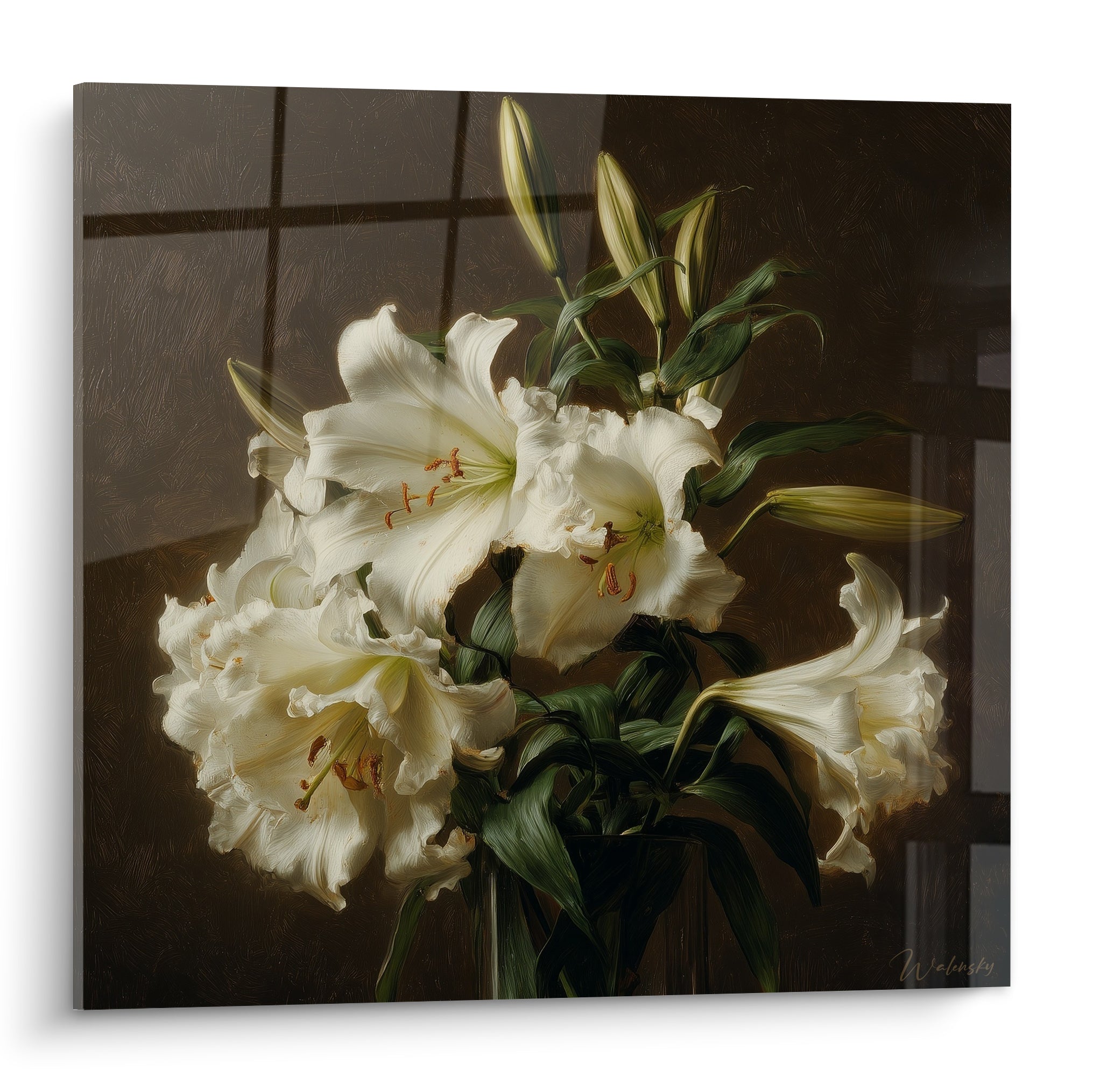 Bouquet de lys blancs aux étamines cuivrées, peint sur fond brun profond façon toile ancienne