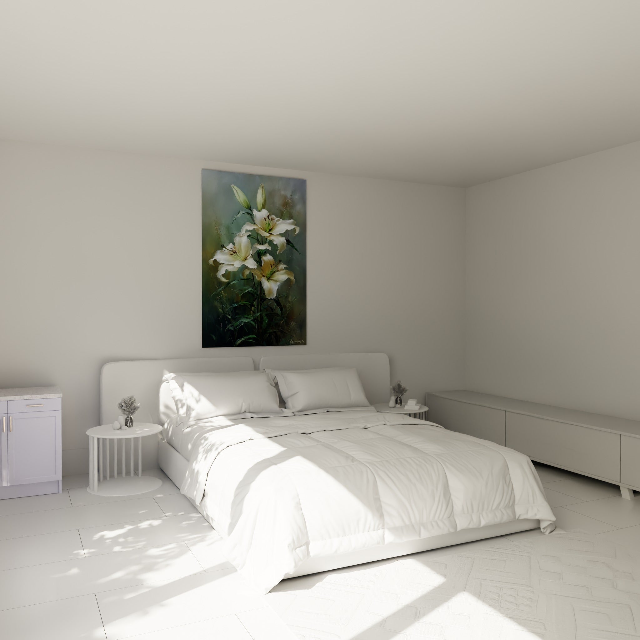 Bouquet de lys blancs et ocre peint avec délicatesse, accroché au-dessus d'un lit dans une chambre claire