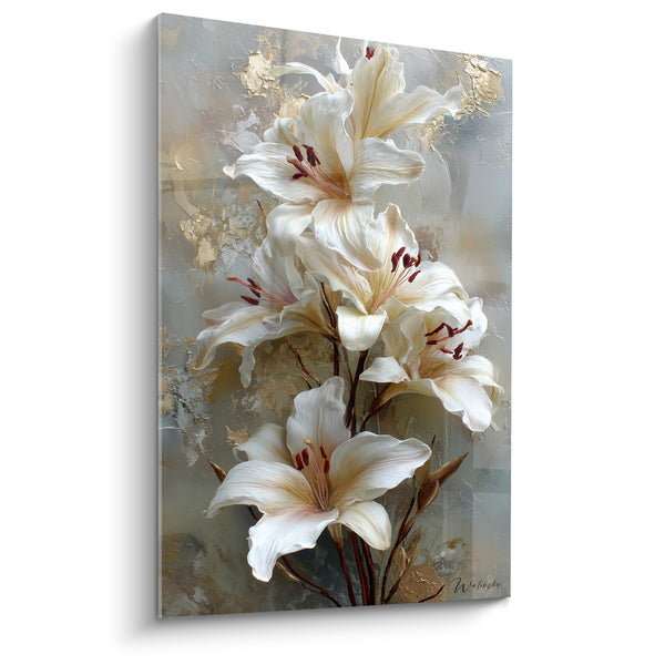 Cuadro de lirio blanco con toques dorados - Elegancia floral - Edición Lys