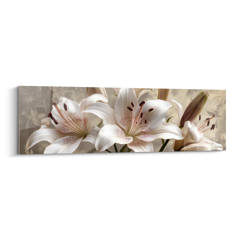 Tableau Lys blanc et beige aux étamines brunes recourbées - Motif floral en filigrane sépia - Edition Lys