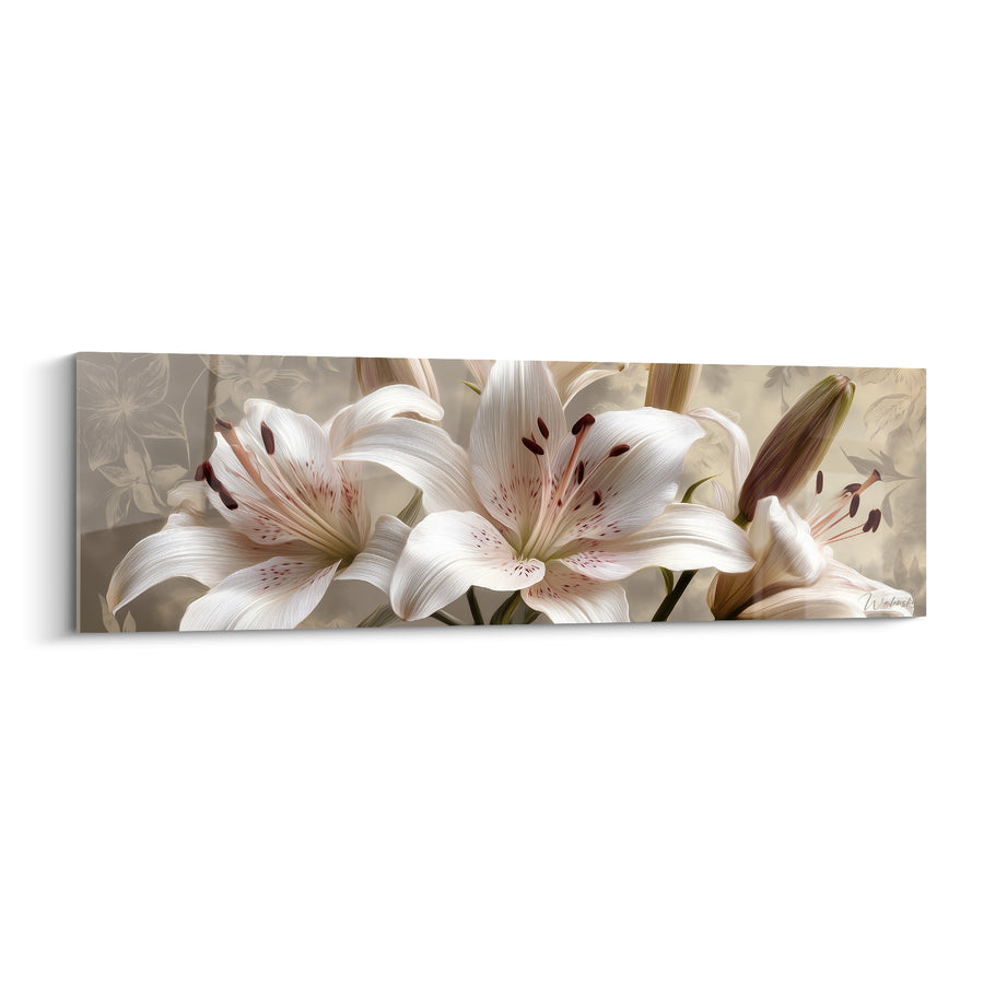 White and Beige Lily Painting with Curved Brown Filaments - Sepia Lace Floral Pattern - Lys Edition