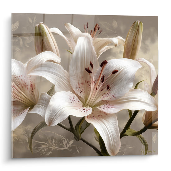 Lys blanc crème aux étamines brun rouge, pétales striés sur fond taupe orné de motifs floraux