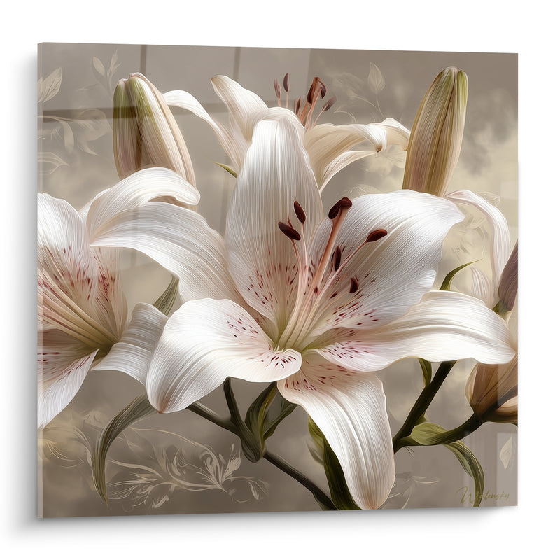 Tableau Lys blanc et beige aux pétales mouchetés - Motif floral en filigrane - Edition Lys
