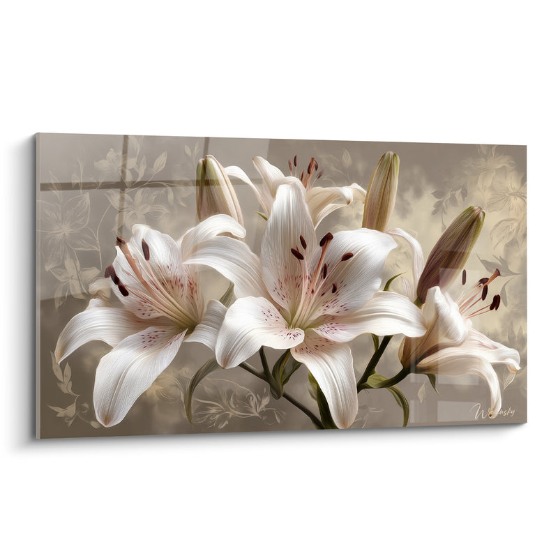 Tableau Lys blanc et beige aux étamines brun foncé - Motif floral en filigrane - Edition Lys