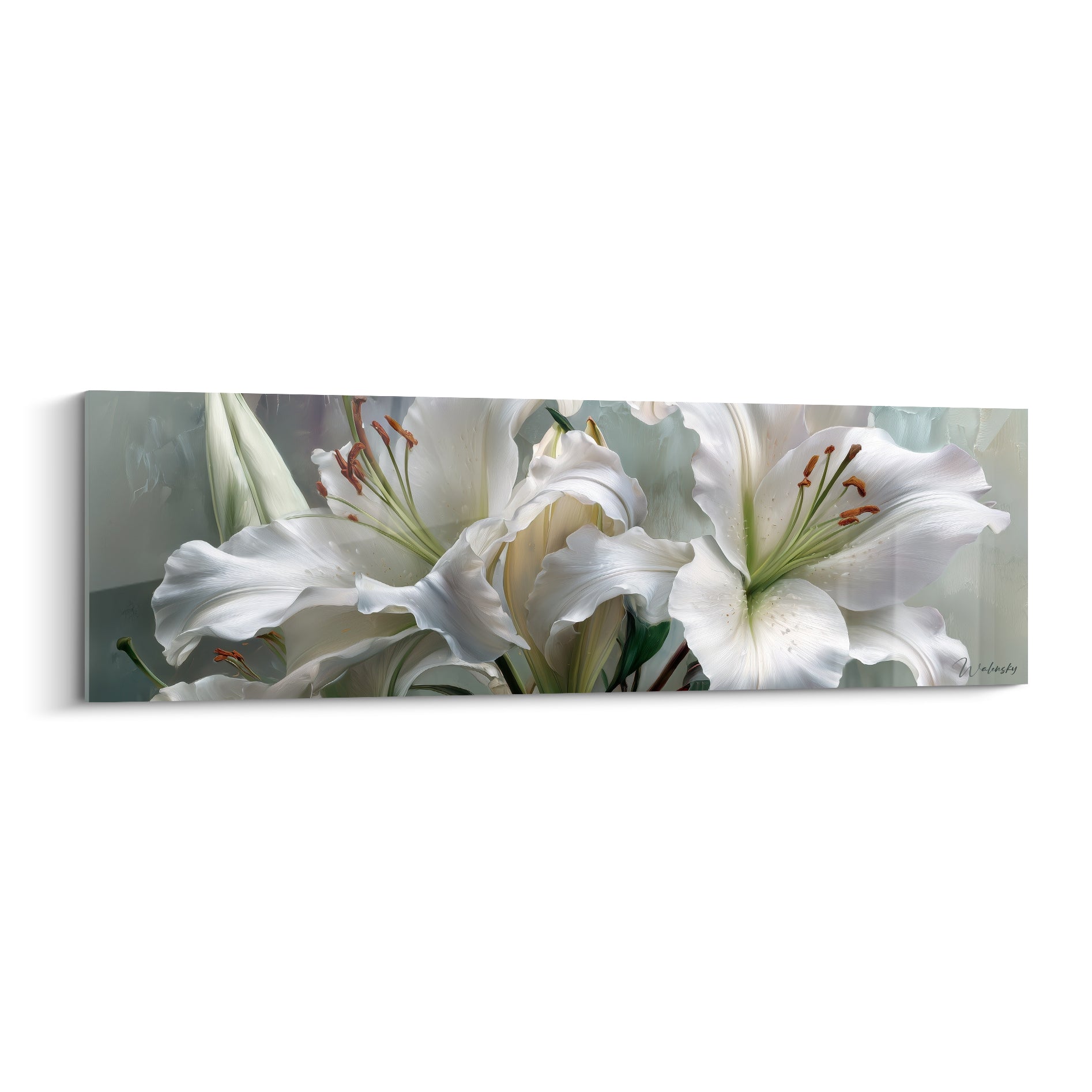 Fleurs de lys blanc aux étamines cuivrées, pétales ouverts sur fond gris-vert brumeux