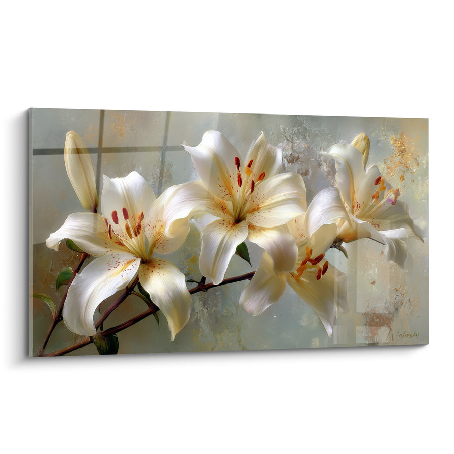 White Lily Painting with Dappled Stamens - Bud on Brown Stem - Lily Edition