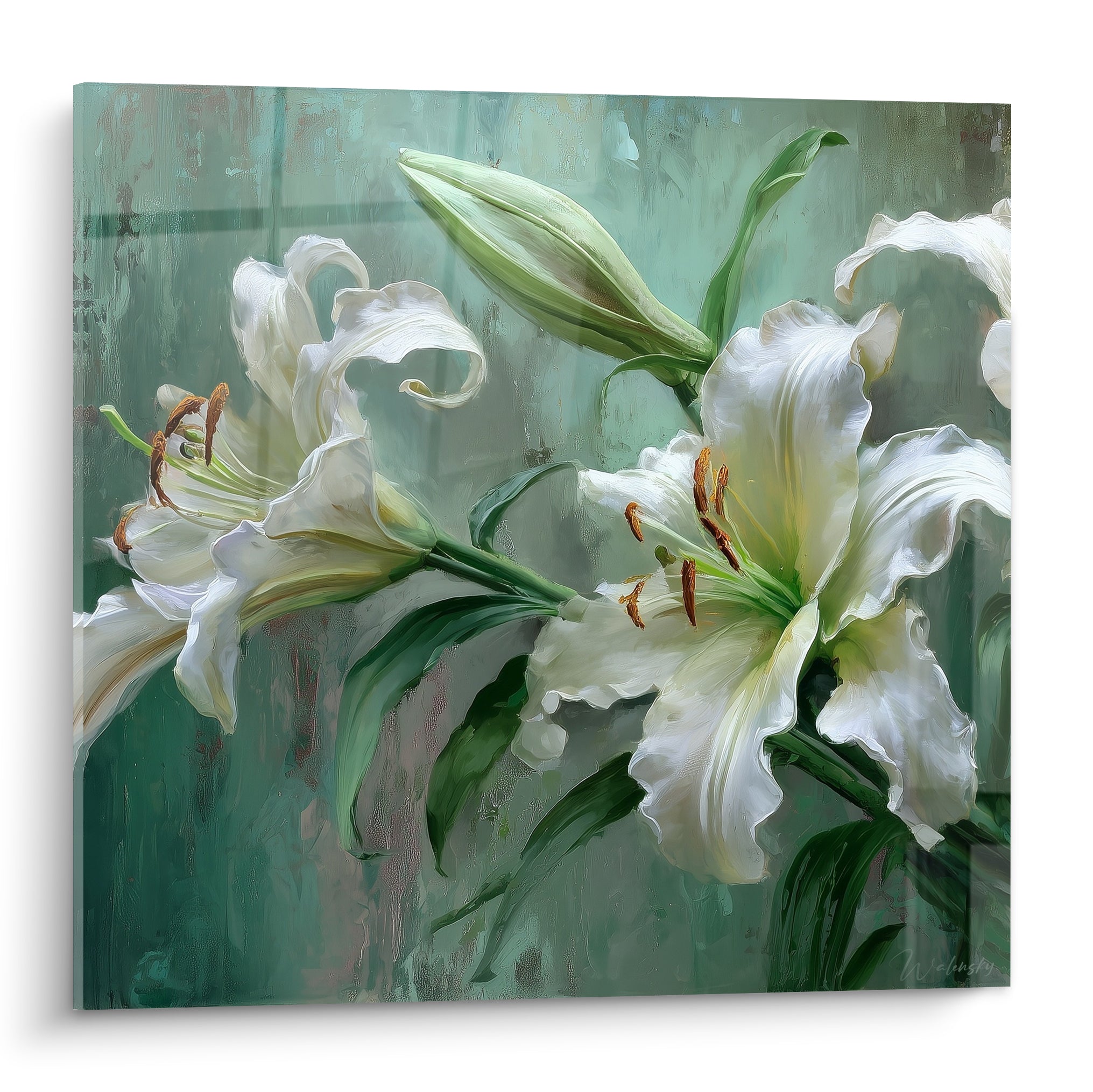 Lys blanc aux étamines ocre déployé sur fond vert sauge texturé, style pictural raffiné