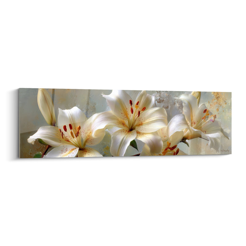 Tableau Lys blanc et crème aux étamines mouchetées - Trio floral panoramique - Edition Lys