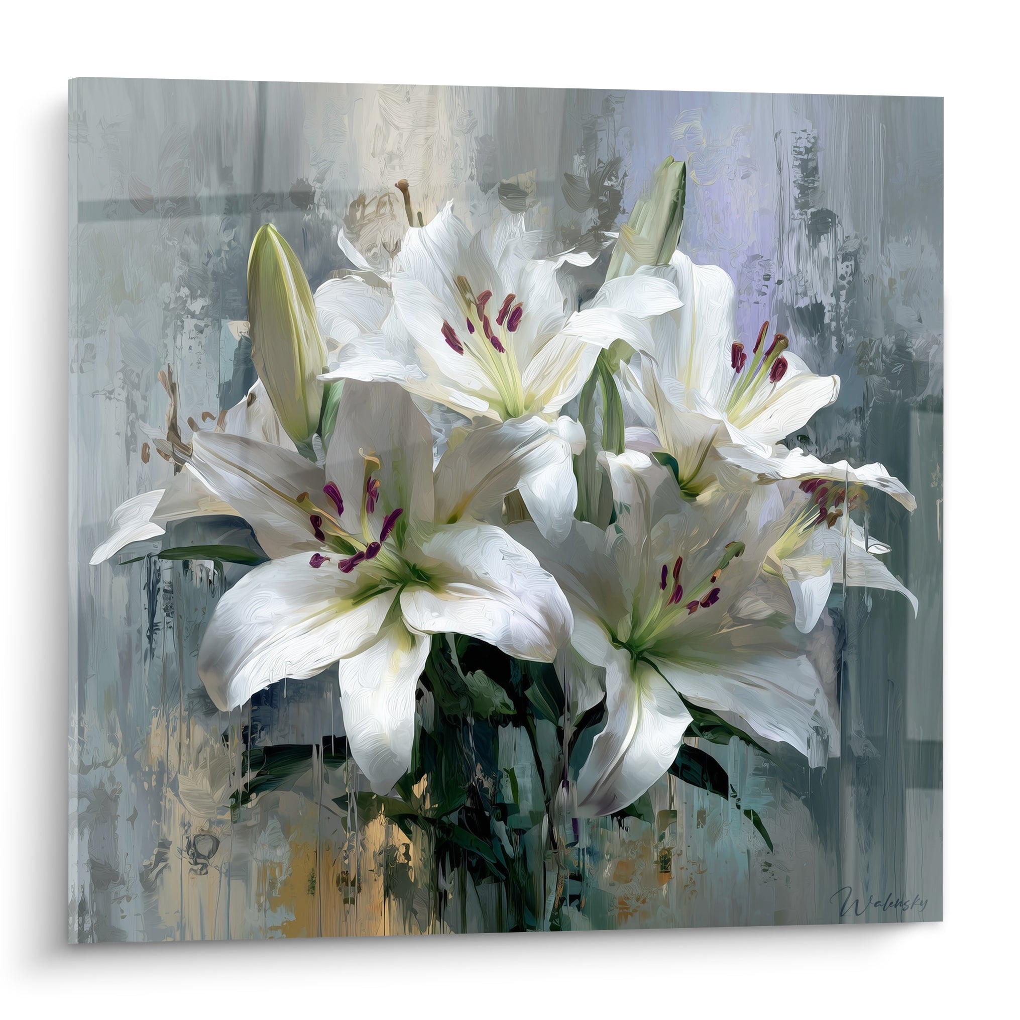 Lys blancs aux étamines pourpres peints à touches larges sur fond gris anthracite texturé