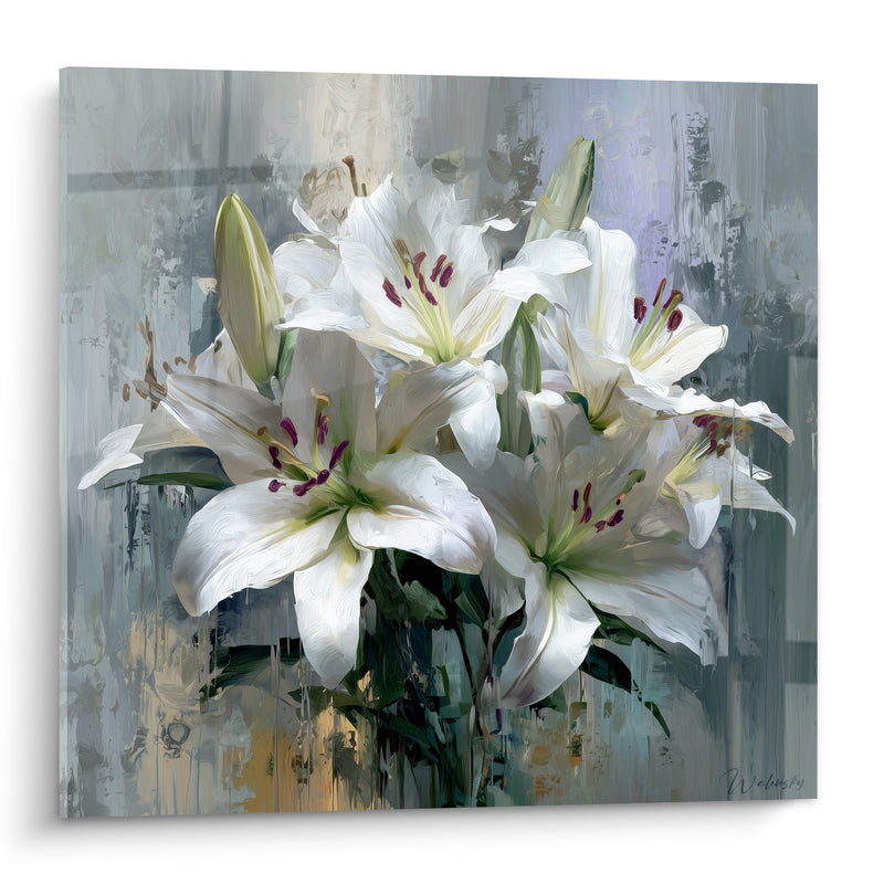 Tableau Bouquet de lys blancs et gris - Éclosion silencieuse - Edition Lys