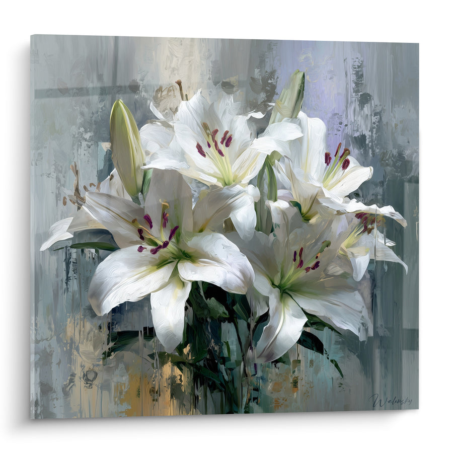 Tableau Bouquet de lys blancs et gris - Éclosion silencieuse - Edition Lys