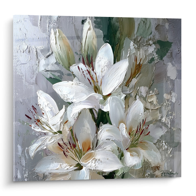 Tableau Lys blancs et gris aux étamines pourpres - Fond texturé au couteau - Edition Lys