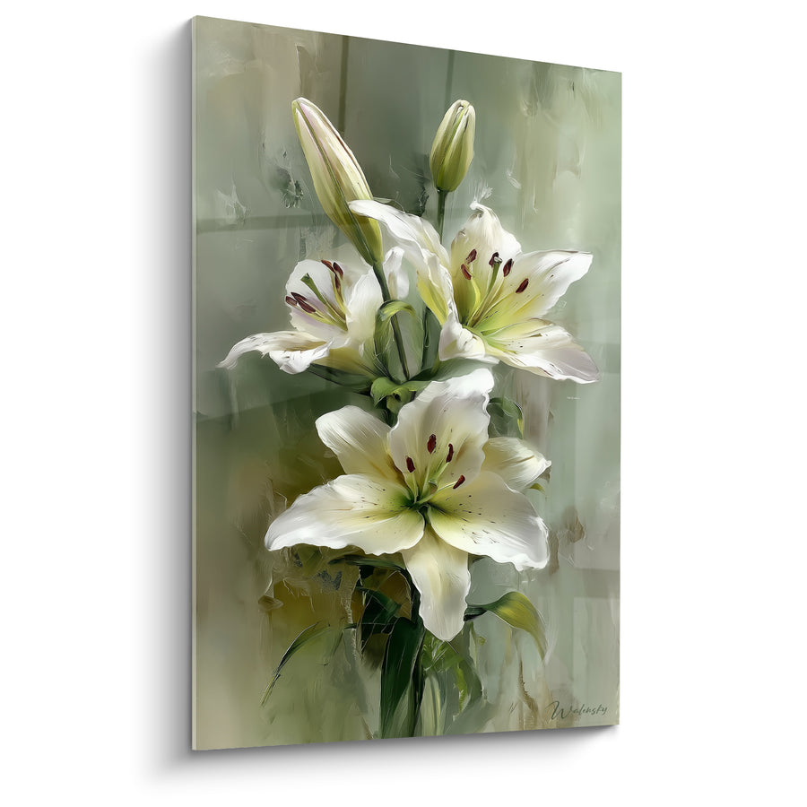 White and Green Lily Painting with Burgundy Stamens - Closed, Tapered Buds - Lily Edition