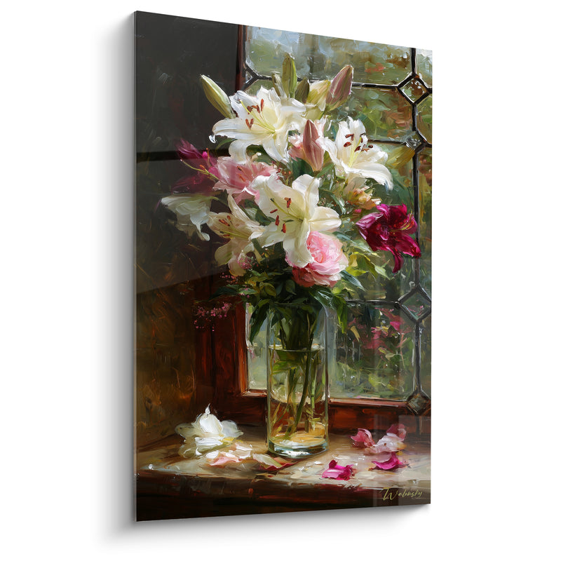 Tableau Lys blanc et rose devant fenêtre en losanges - Roses écarlates pétales tombés - Edition Lys