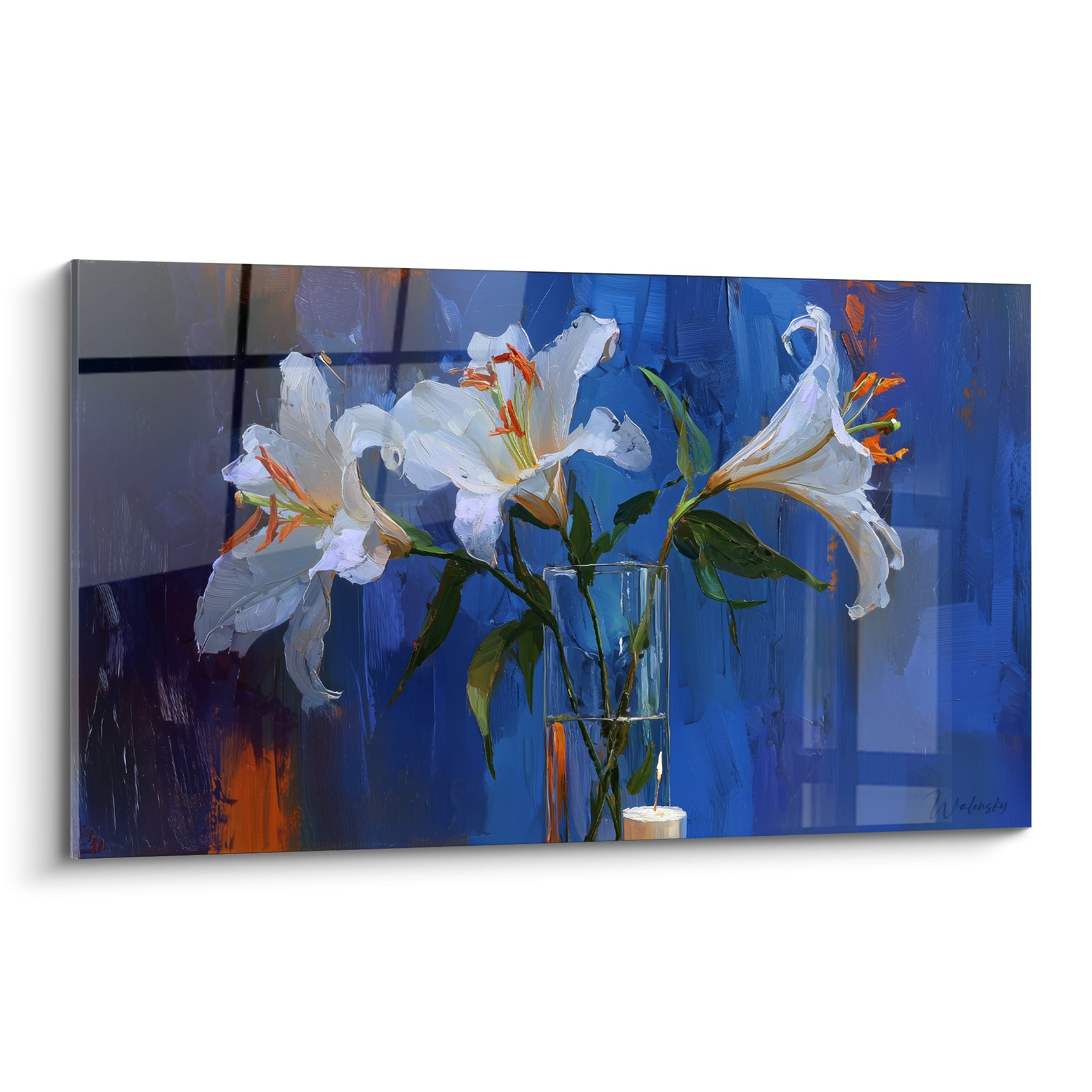 Lys blancs aux étamines orange sur fond bleu profond, style peinture à l'huile expressive