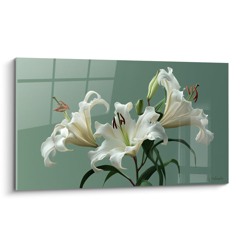 Tableau Lys blanc et vert aux étamines brun rouge - Reflet de fenêtre vitrée - Edition Lys