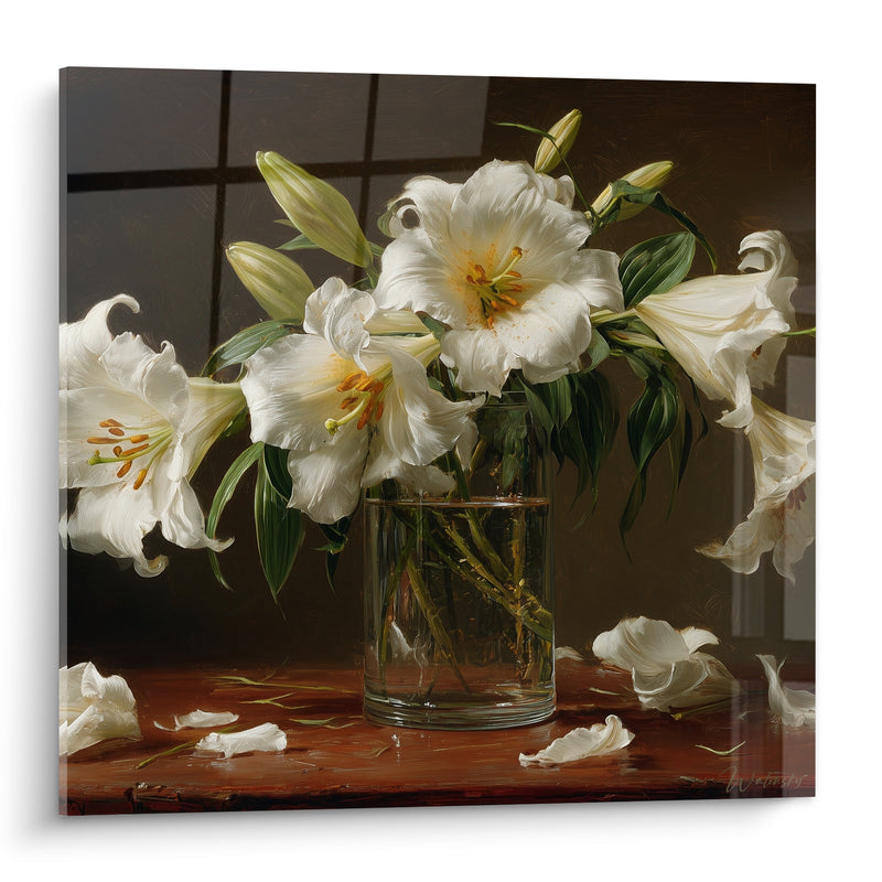 Tableau Lys blancs vase verre pétales tombés - Fragilité passagère - Edition Lys